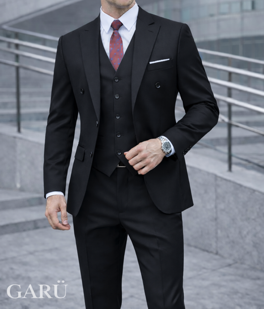 Traje Slim Fit Cruzado Negro de 3 Piezas