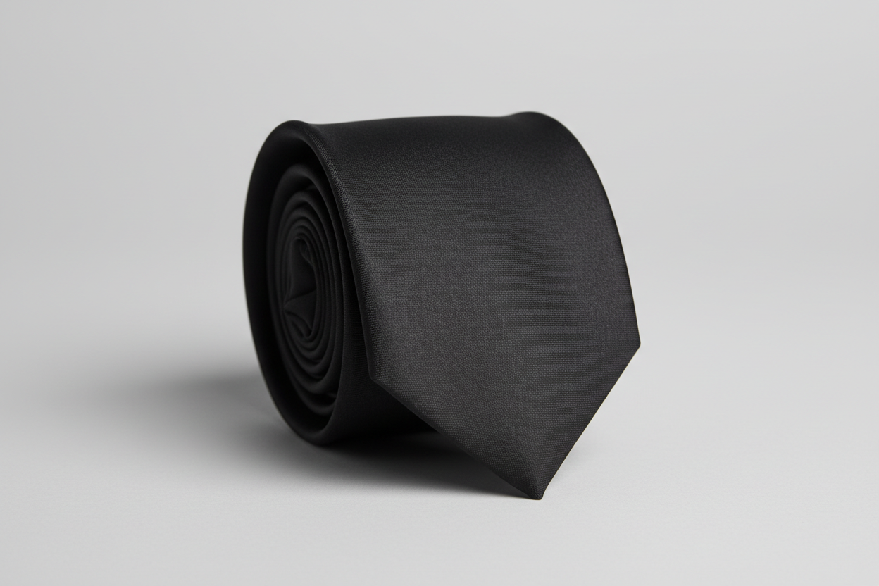 High-quality product mockup of a black tie, rolled tie with the tip visible, not worn by a model. Same style, composition, camera angle, lighting, background, and realism as the previous images (dark burgundy and navy blue ties). Identical mockup setup, only changing the tie color to black. Realistic fabric texture with subtle light reflections. Clean white or light gray background, professional studio lighting. No people, no logos, no text. Premium formal men’s fashion aesthetic for an online store.