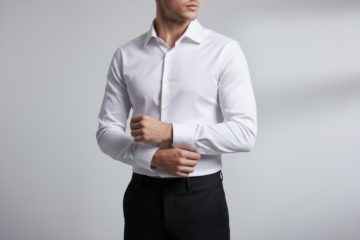 product mockup of a white stretch dress shirt, worn by a male model. Elegant and minimalist style. Modern tailored fit (fitted but not tight, not extreme slim fit). The shirt should clearly show fabric elasticity through natural movement and gentle tension on the arms, shoulders, and torso (for example, arms slightly bent or subtle movement pose). White color with a lightly satin finish, refined soft sheen, not glossy. Clean white or very light gray studio background. Professional lighting that enhances the