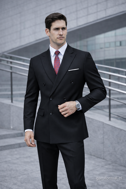 Traje Slim Fit Cruzado Negro de 3 Piezas