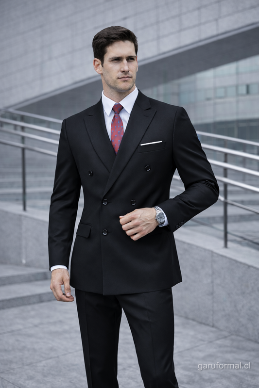 Traje Slim Fit Cruzado Negro de 3 Piezas