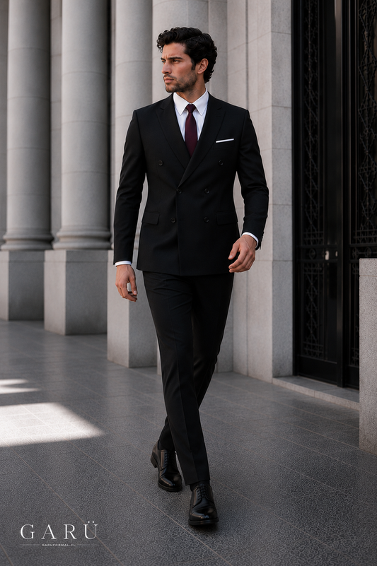 Traje Slim Fit Cruzado Negro de 3 Piezas