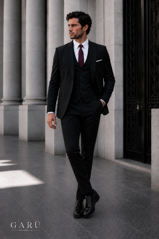 Traje Slim Fit Cruzado Negro de 3 Piezas