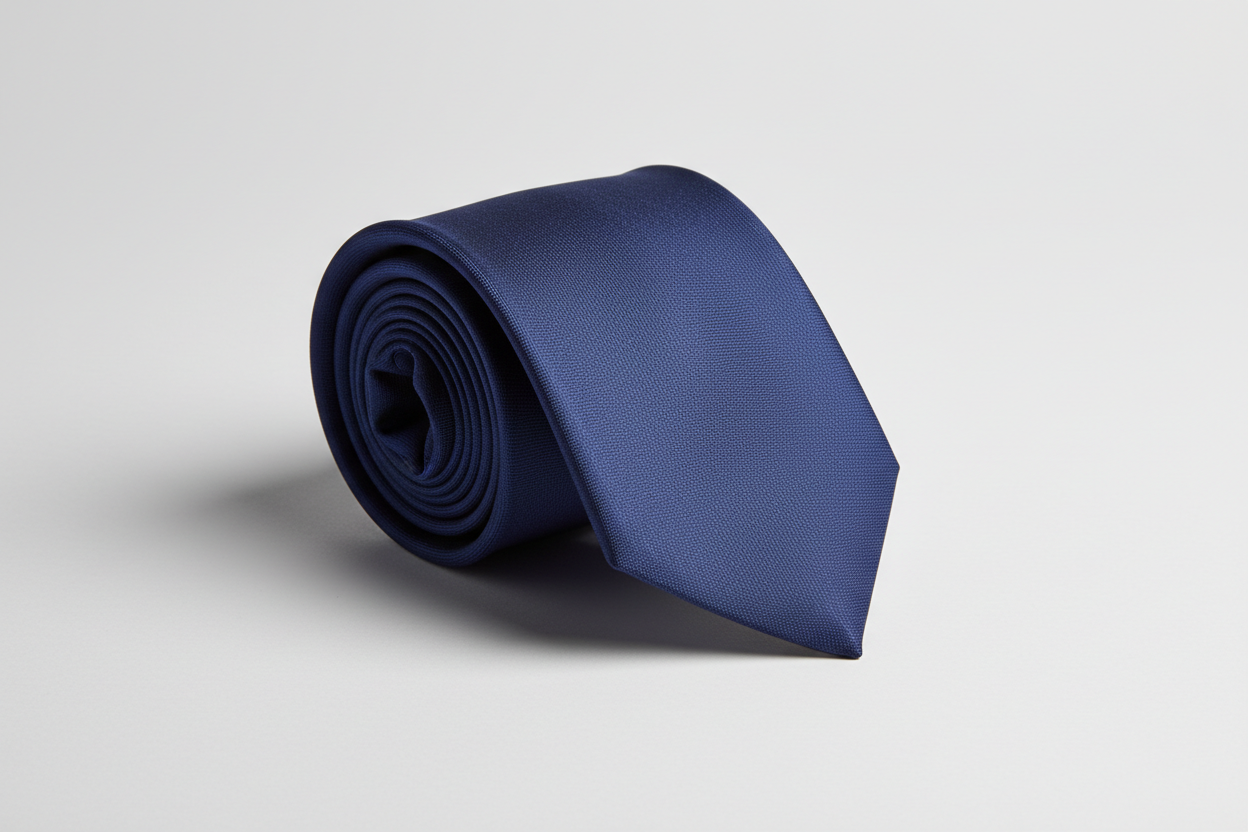 High-quality product mockup of a navy blue tie, rolled tie with the tip visible, not worn by a model. Same style, composition, camera angle, lighting, background, and realism as the previous dark burgundy tie image. Identical mockup setup, only changing the tie color to navy blue. Realistic fabric texture, subtle light reflections. Clean white or light gray background, professional studio lighting. No people, no logos, no text. Premium formal men’s fashion aesthetic for an online store.