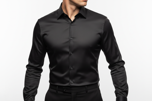 product mockup of a white stretch dress shirt, worn by a male model. Elegant and minimalist style. Modern tailored fit (fitted but not tight, not extreme slim fit). The shirt should clearly show fabric elasticity through natural movement and gentle tension on the arms, shoulders, and torso (for example, arms slightly bent or subtle movement pose). black color with a lightly satin finish, refined soft sheen, not glossy. Clean white or very light gray studio background. Professional lighting that enhances the